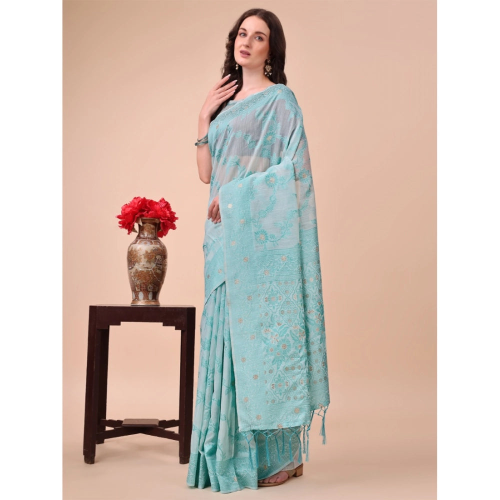 Women Cotton Printed Saree With Unstitched Blouse 5.5Mtr (Sky Blue)