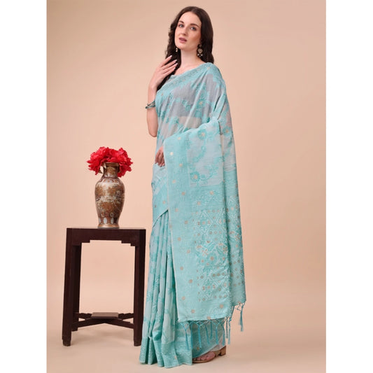 Women Cotton Printed Saree With Unstitched Blouse 5.5Mtr (Sky Blue)