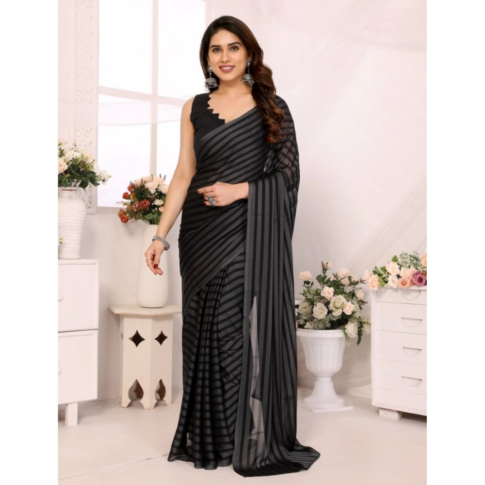 Women Black Berry Striped Ready-to-Wear Saree With Unstitched Blouse 5.5 Mtr (Grey-Black)
