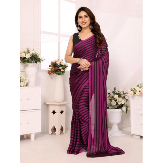 Women Black Berry Striped Ready-to-Wear Saree With Unstitched Blouse 5.5 Mtr (Purple-Black)