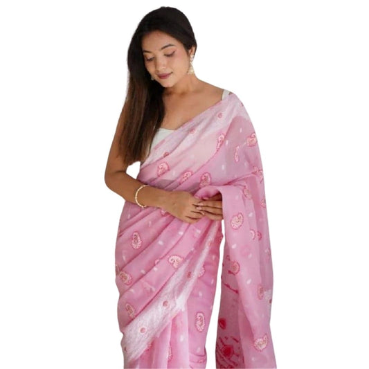 Women Cotton Printed Saree With Unstitched Blouse 5.5Mtr (Pink)