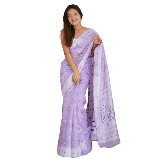 Women Cotton Printed Saree With Unstitched Blouse 5.5Mtr (Lavender)