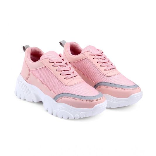 Women Casual Mesh Printed Lace-Ups Shoes (Pink)