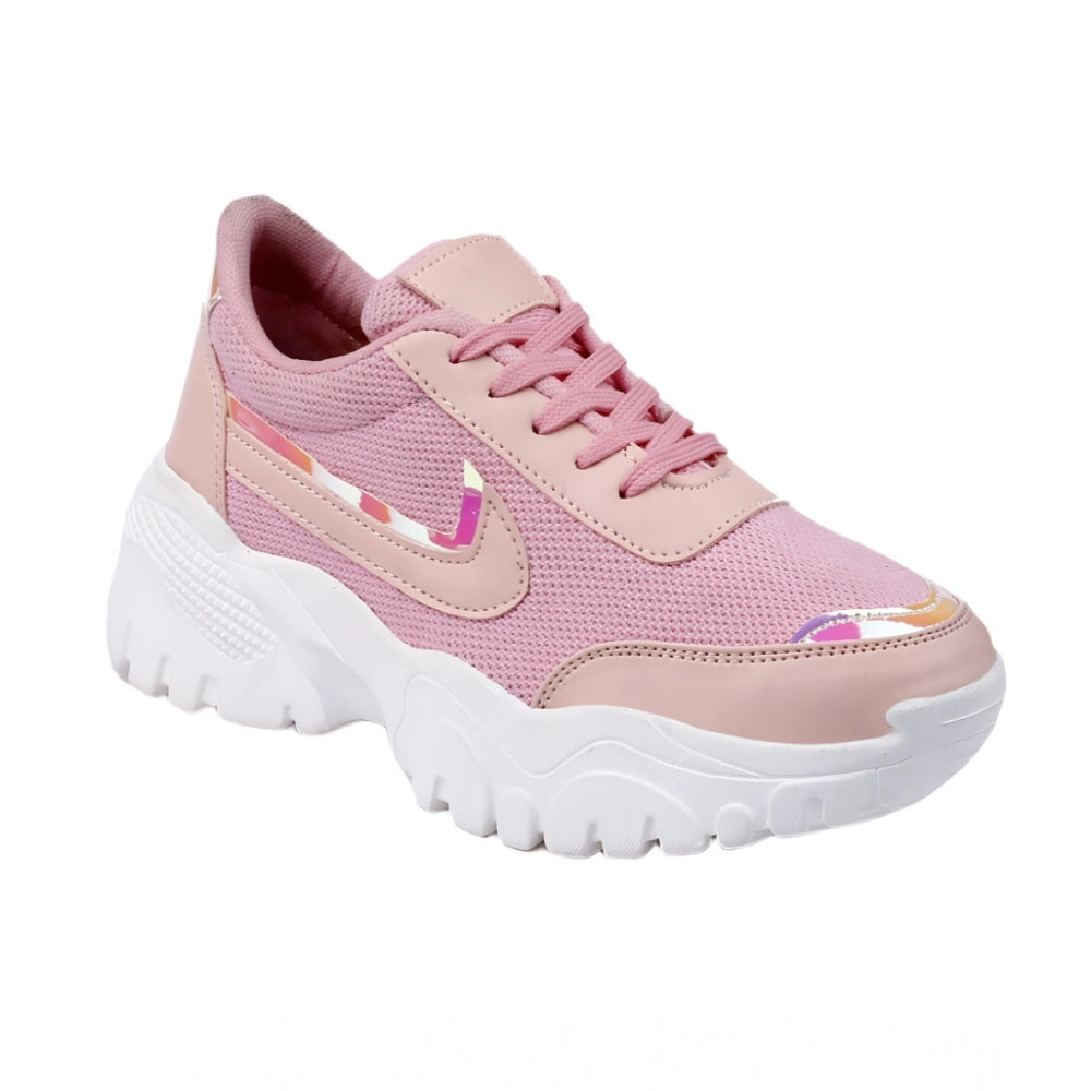 Women Casual Mesh Printed Lace-Ups Shoes (Pink)