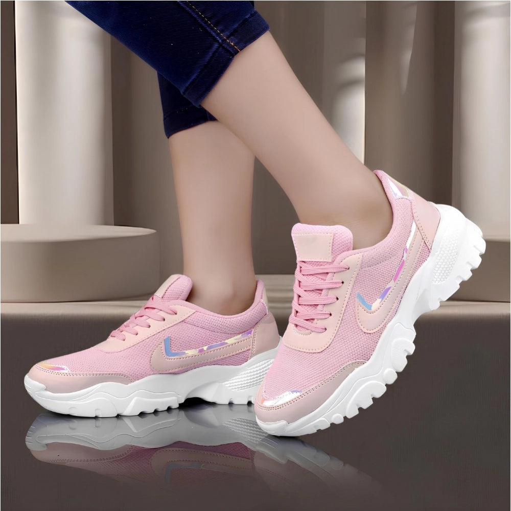 Women Casual Mesh Printed Lace-Ups Shoes (Pink)