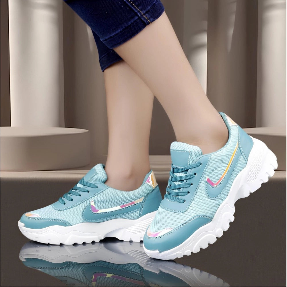 Women Casual Mesh Printed Lace-Ups Shoes (Blue)