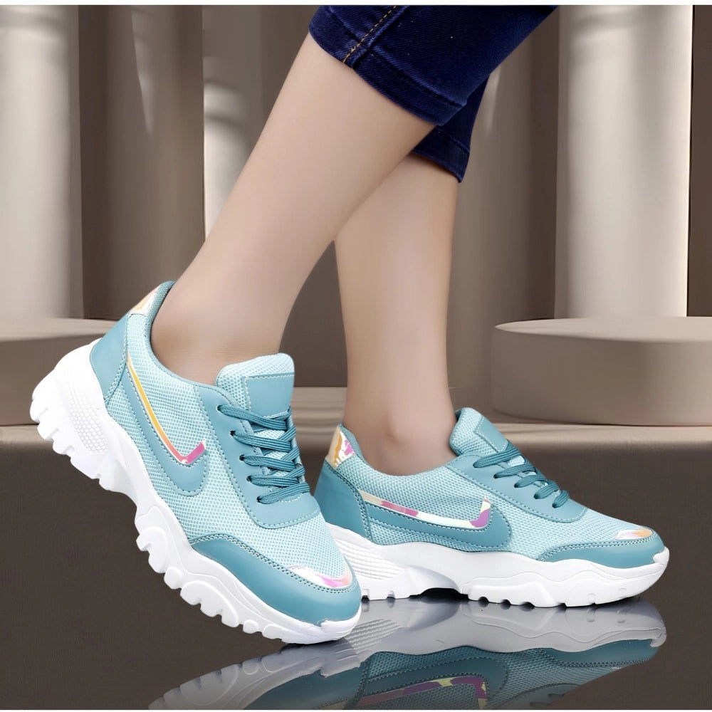 Women Casual Mesh Printed Lace-Ups Shoes (Blue)