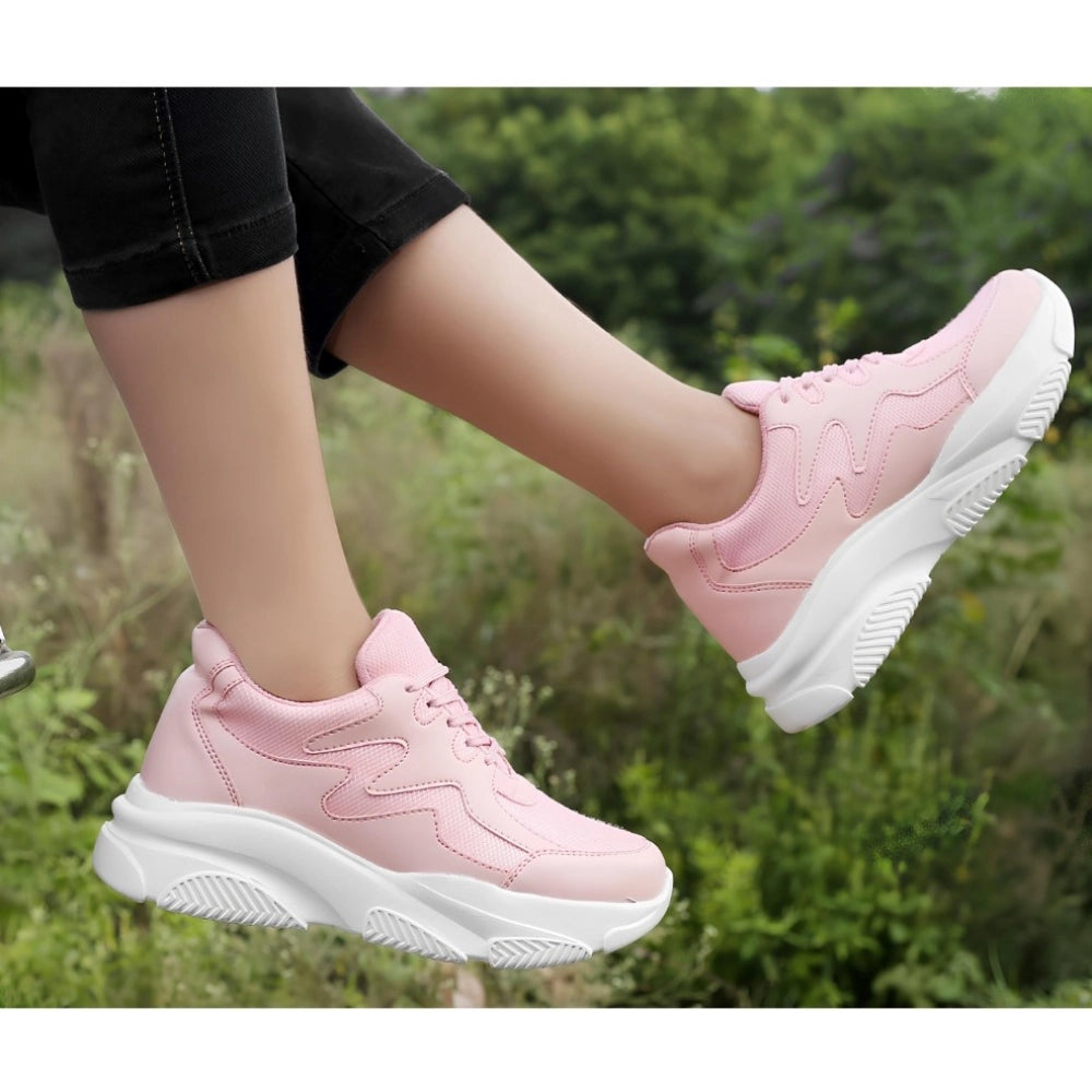 Women Casual Mesh Printed Lace-Ups Shoes (Pink)