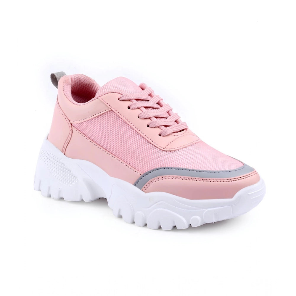 Women Casual Mesh Printed Lace-Ups Shoes (Pink)