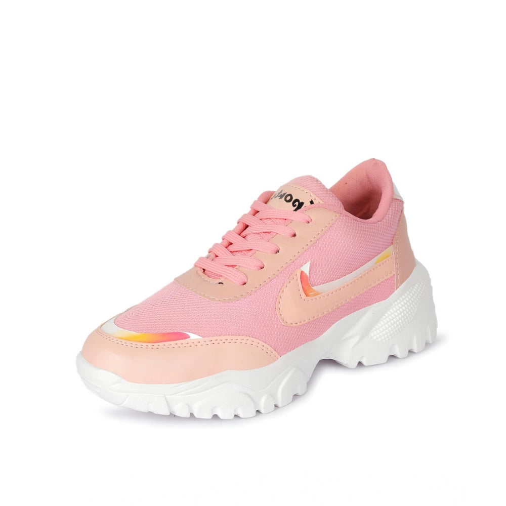 Women Casual Mesh Printed Lace-Ups Shoes (Pink)