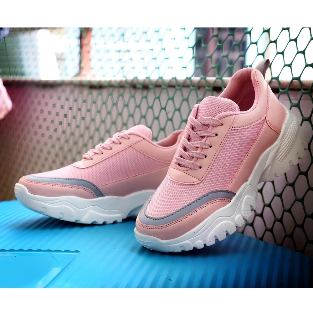 Women Casual Mesh Printed Lace-Ups Shoes (Pink)