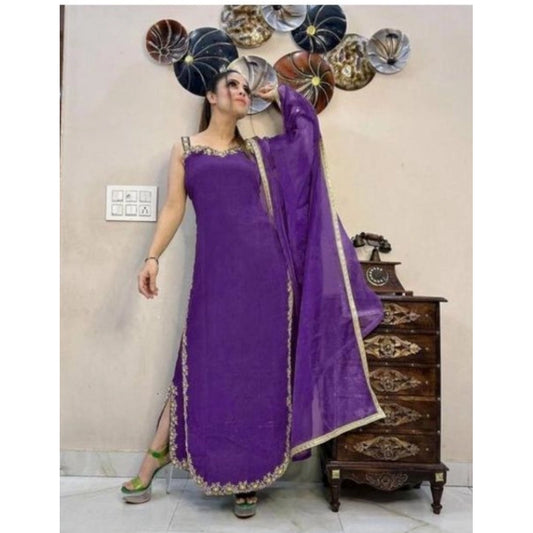 Women Georgette Embroidery Sleeveless Round Neck Kurti, Palazzo And Dupatta Set (Purple)