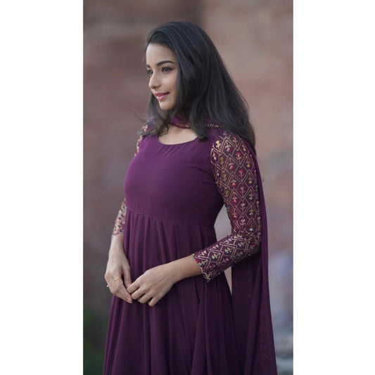 Women Georgette Embroidery 3-4th Sleeve Round Neck Kurti with Dupatta Set (Wine)
