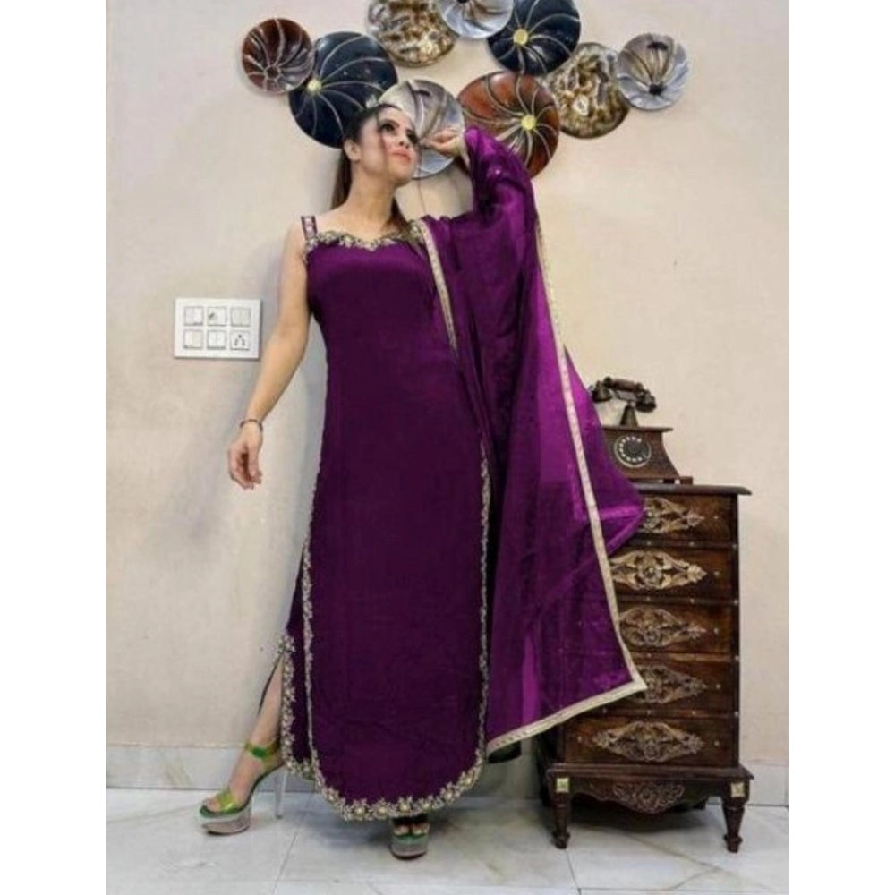 Women Georgette Embroidery Sleeveless Round Neck Kurti, Palazzo And Dupatta Set (Wine)