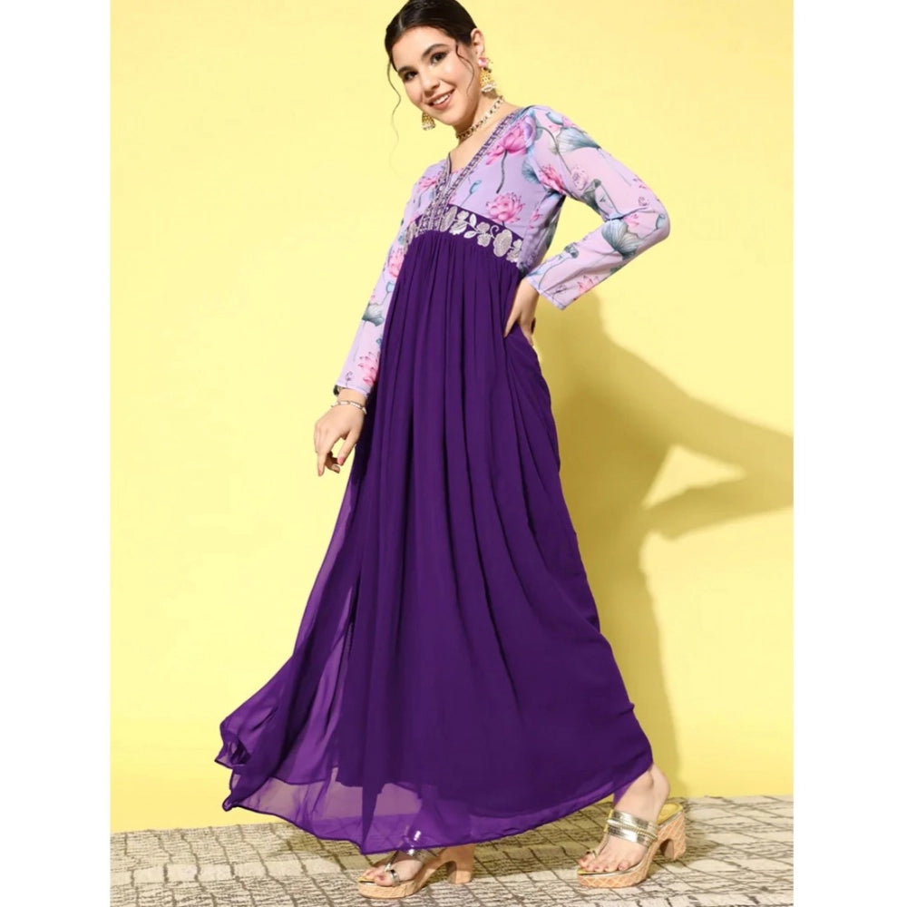 Women Georgette Embroidery 3-4th Sleeve V-Neck Kurti (Purple)