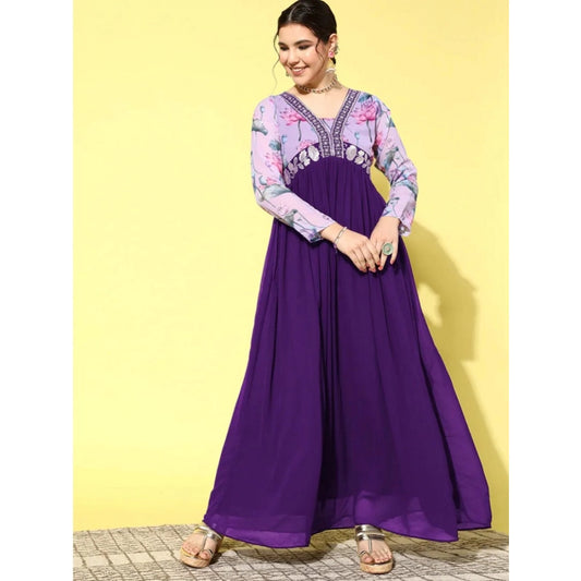Women Georgette Embroidery 3-4th Sleeve V-Neck Kurti (Purple)