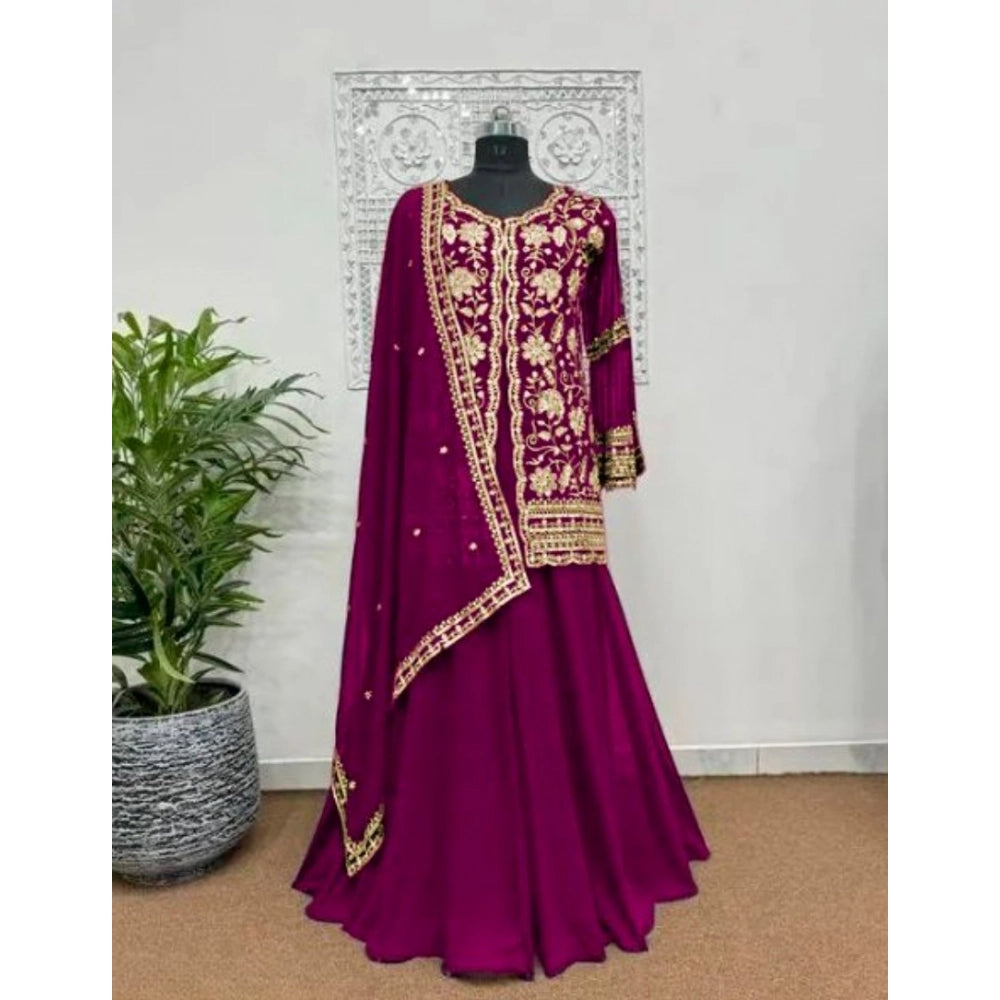 Women Georgette Embroidery 3-4th Sleeve V-Neck Kurti, Palazzo And Dupatta Set (Wine)