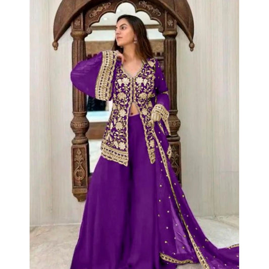 Women Georgette Embroidery 3-4th Sleeve V-Neck Kurti, Palazzo And Dupatta Set (Purple)