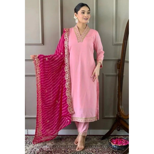 Women Roman Silk Embroidery 3-4th Sleeve V-Neck Kurti With Pant Dupatta Set (Pink)