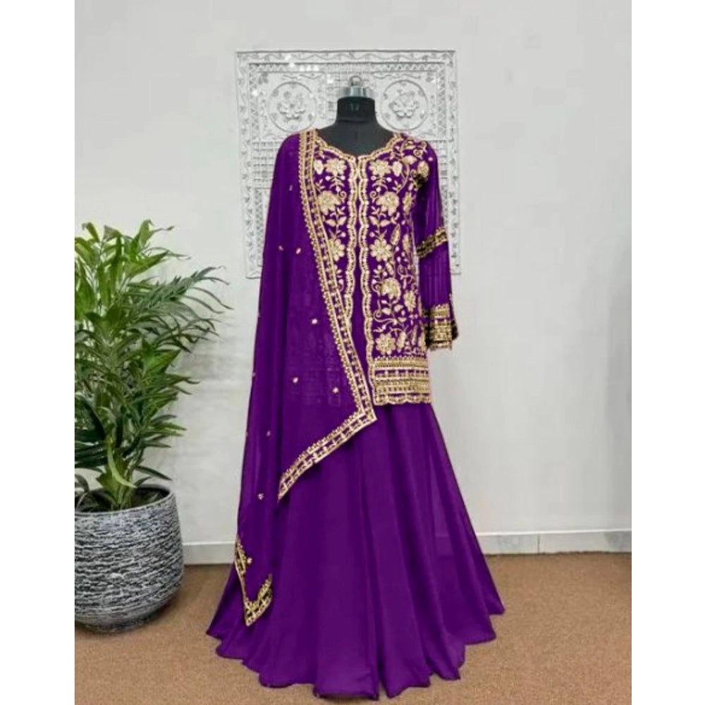 Women Georgette Embroidery 3-4th Sleeve V-Neck Kurti, Palazzo And Dupatta Set (Purple)
