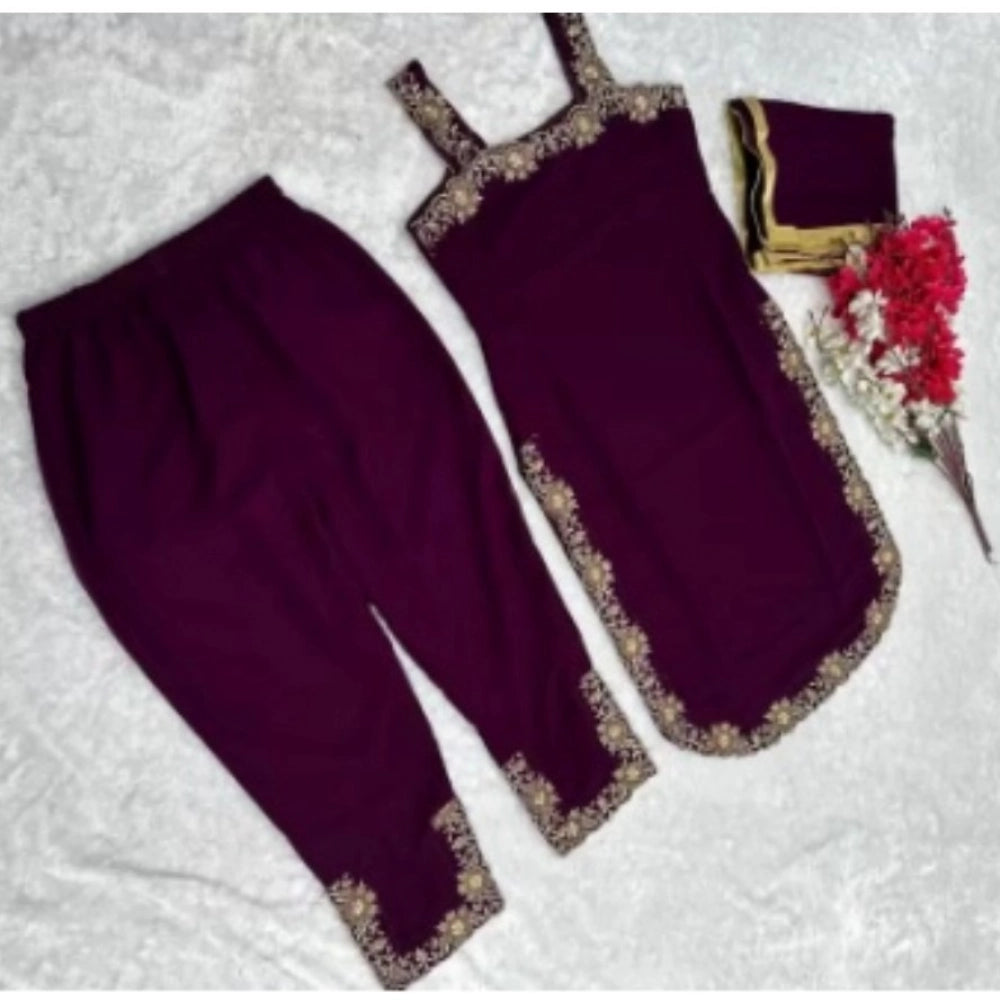 Women Georgette Embroidery Sleeveless Round Neck Kurti, Palazzo And Dupatta Set (Wine)
