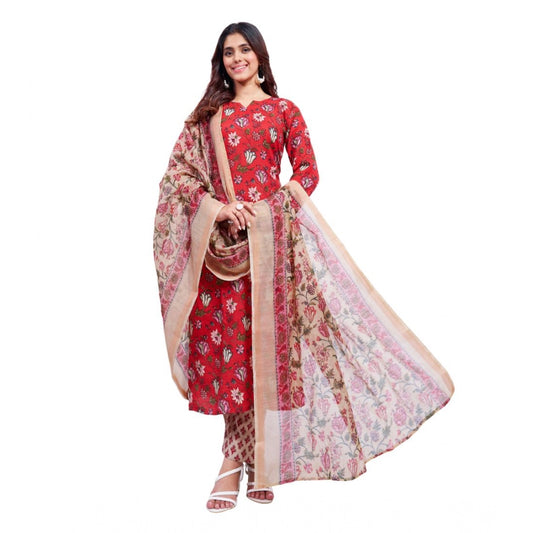 Women Cotton Blend Printed Kurti With Pant Dupatta Set (Red)
