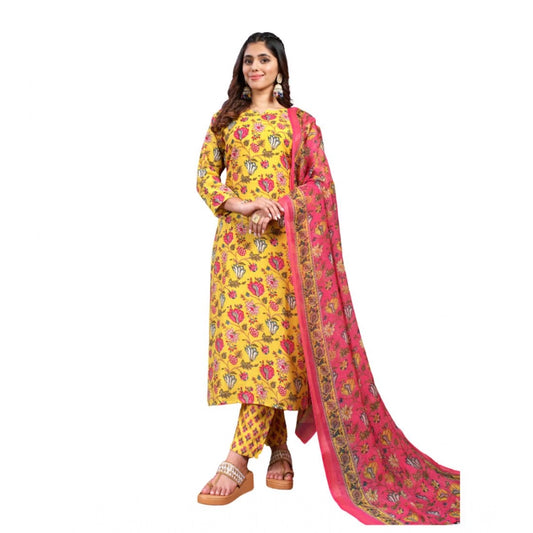 Women Cotton Blend Printed Kurti With Pant Dupatta Set (Yellow)