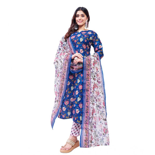 Women Cotton Blend Printed Kurti With Pant Dupatta Set (Blue)