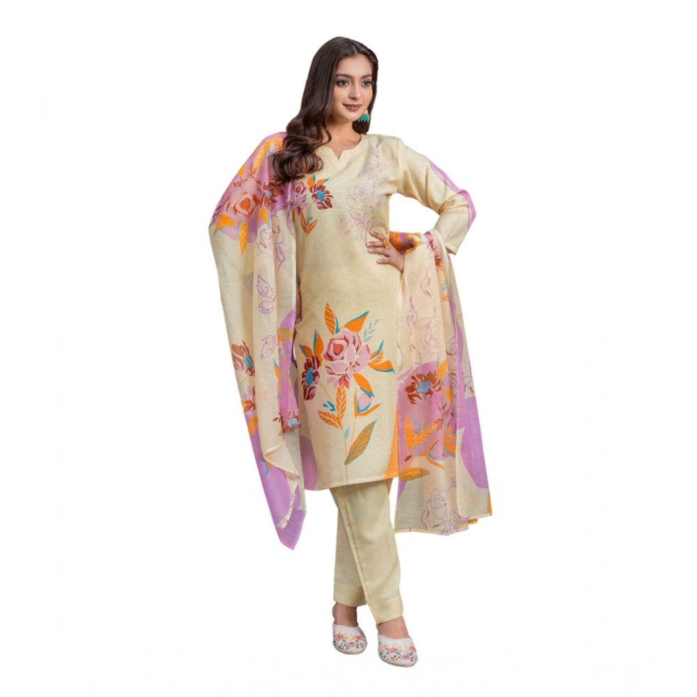 Women Cotton Blend Printed Kurti With Pant Dupatta Set (Cream)