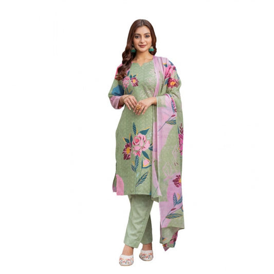 Women Cotton Blend Printed Kurti With Pant Dupatta Set (Mehendi)