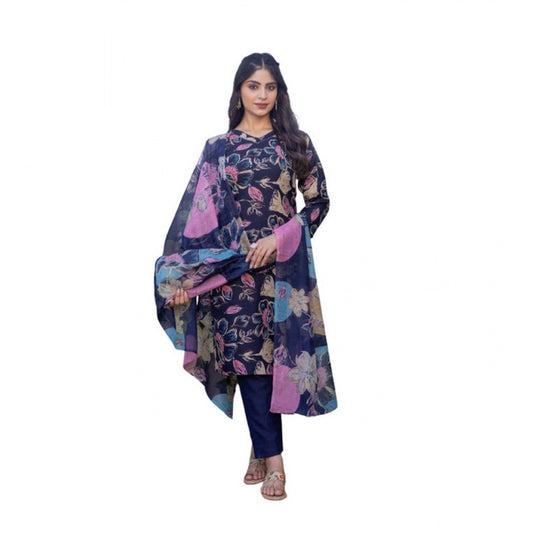 Women Cotton Blend Printed Kurti With Pant Dupatta Set (NavyBlue)