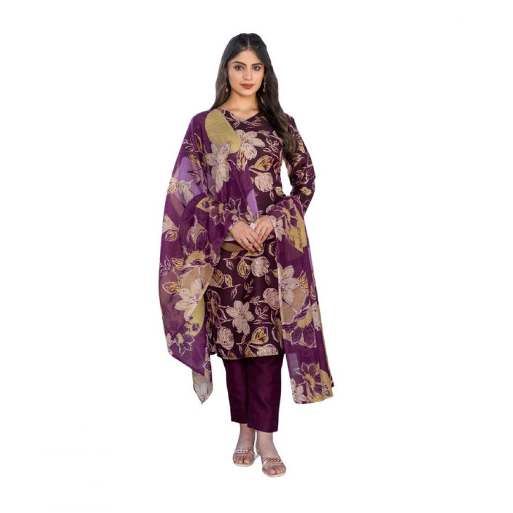 Women Cotton Blend Printed Kurti With Pant Dupatta Set (Purple)