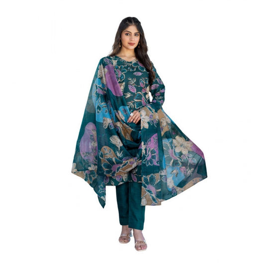 Women Cotton Blend Printed Kurti With Pant Dupatta Set (Rama)