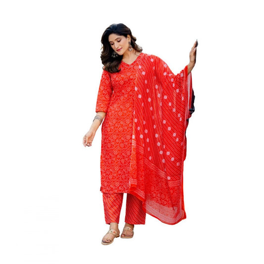 Women Cotton Blend Printed Kurti With Pant Dupatta Set (Orange)
