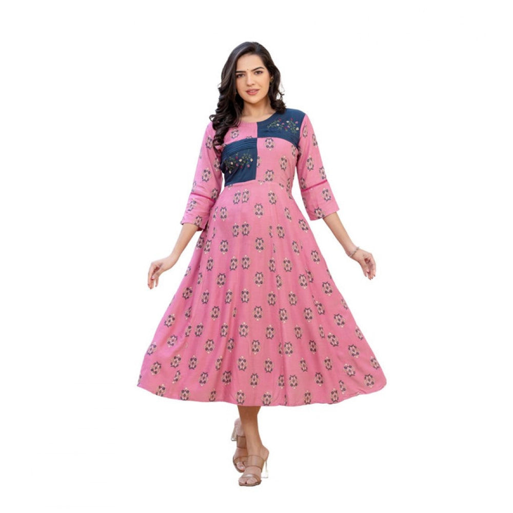 Women Rayon Print With Embroidery Work A-Line Kurti (Wine)