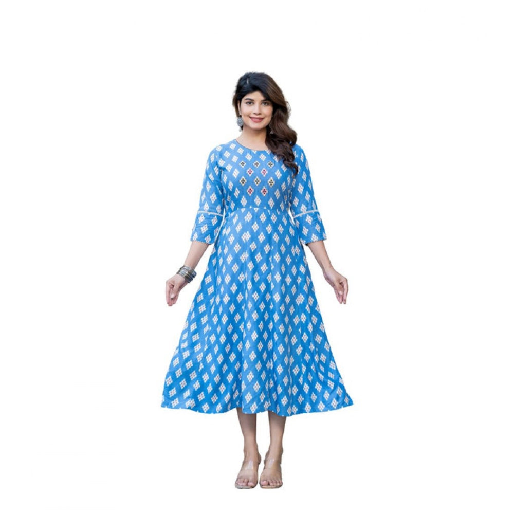 Women Rayon Print With Embroidery Work A-Line Kurti (Sky Blue)