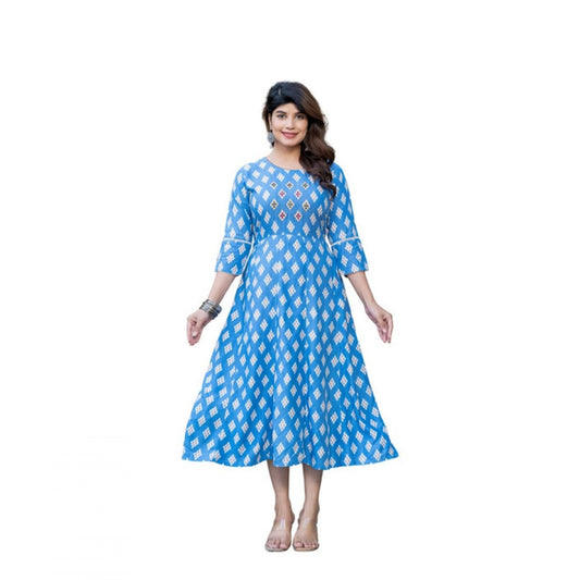 Women Rayon Print With Embroidery Work A-Line Kurti (Sky Blue)