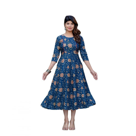 Women Rayon Print With Embroidery Work A-Line Kurti (Navy Blue)