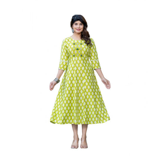 Women Rayon Print With Embroidery Work A-Line Kurti (Parrot)