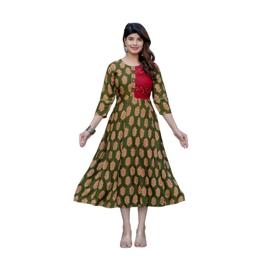 Women Rayon Print With Embroidery Work A-Line Kurti (Dark Green)