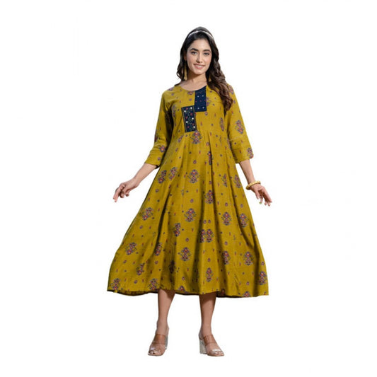 Women Rayon Print With Embroidery Work A-Line Kurti (Mehendi)
