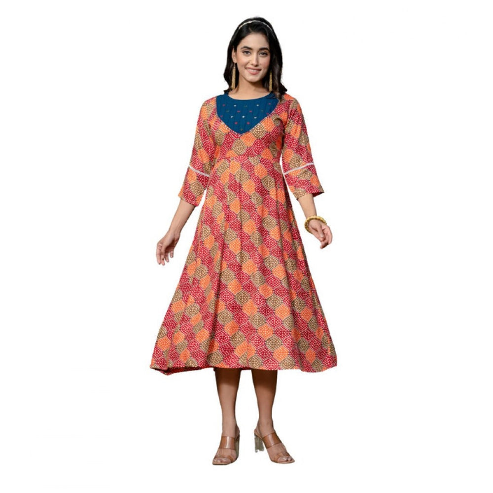 Women Rayon Print With Embroidery Work A-Line Kurti (Multicolor)