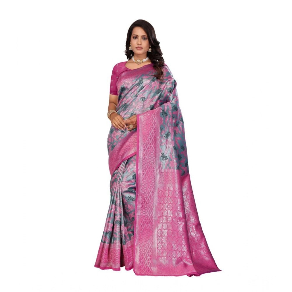 Women Banarasi Silk Jaquard Woven Saree With Unstitched Blouse 5.5Mtr (Pink)