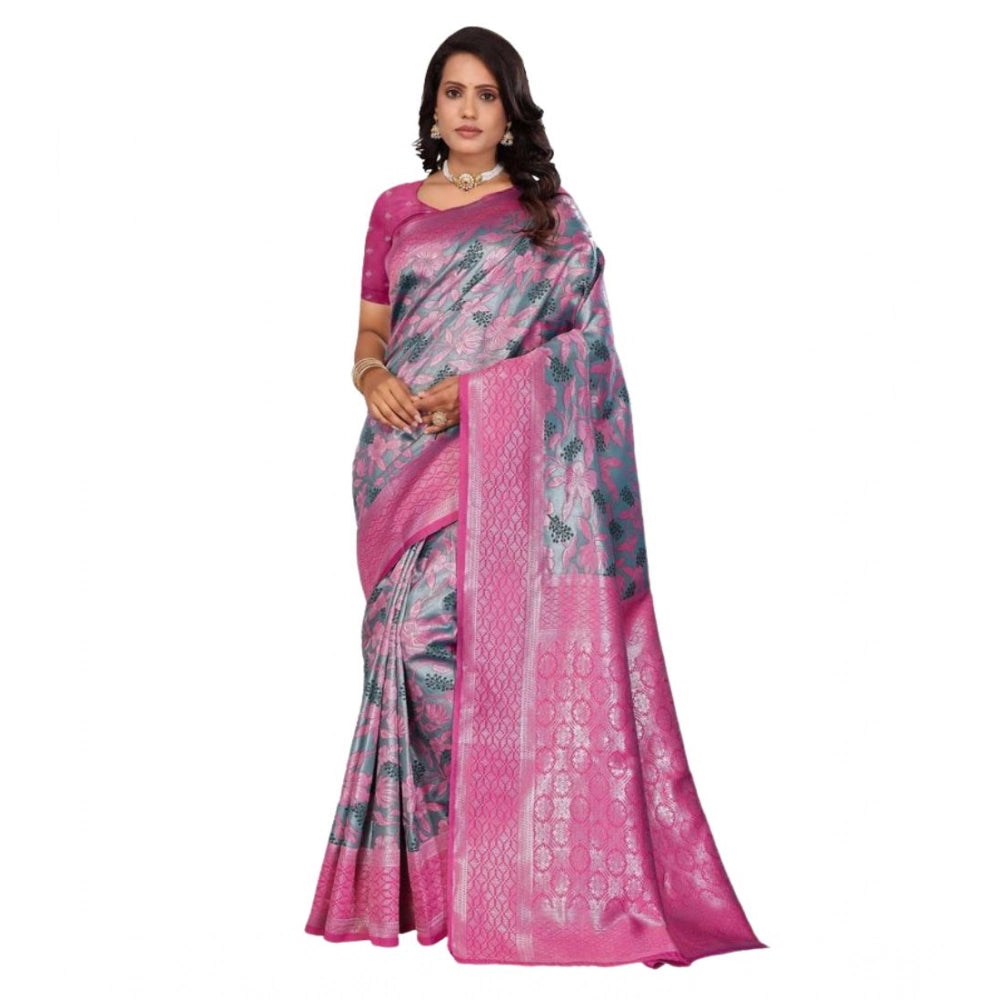 Women Banarasi Silk Jaquard Woven Saree With Unstitched Blouse 5.5Mtr (Pink)