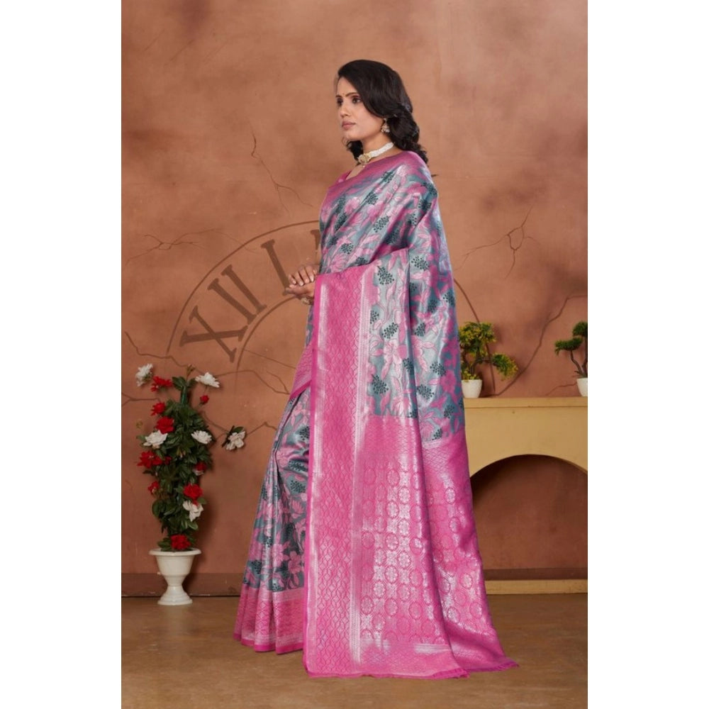Women Banarasi Silk Jaquard Woven Saree With Unstitched Blouse 5.5Mtr (Pink)