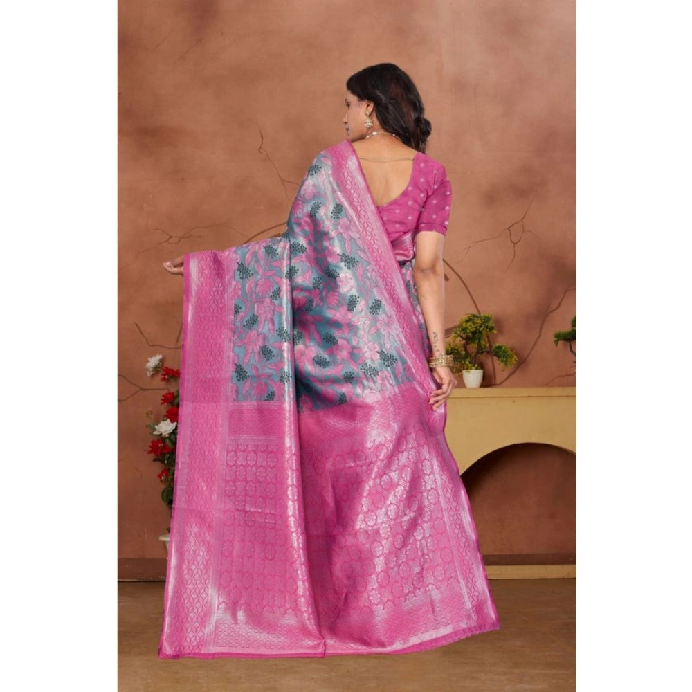 Women Banarasi Silk Jaquard Woven Saree With Unstitched Blouse 5.5Mtr (Pink)