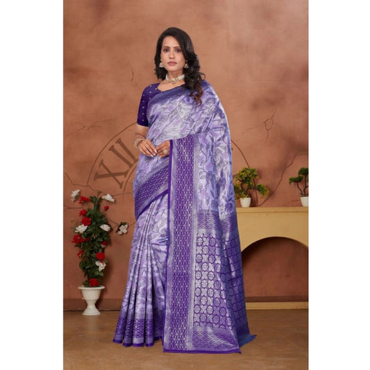Women Banarasi Silk Jaquard Woven Saree With Unstitched Blouse 5.5Mtr (Purple)
