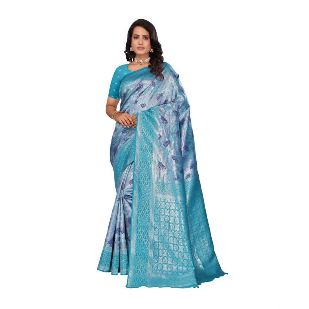 Women Banarasi Silk Jaquard Woven Saree With Unstitched Blouse 5.5Mtr (Light Blue)