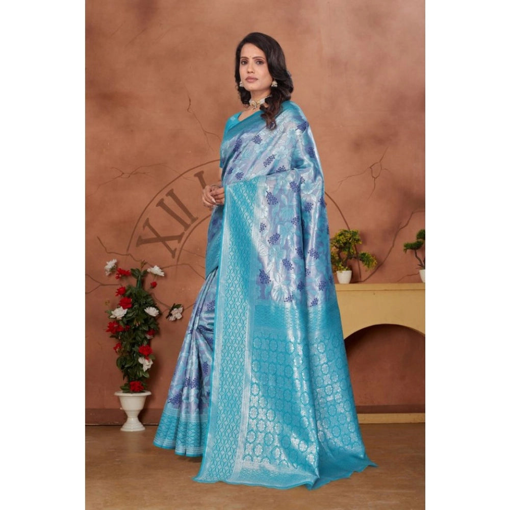 Women Banarasi Silk Jaquard Woven Saree With Unstitched Blouse 5.5Mtr (Light Blue)