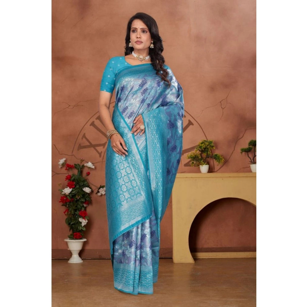 Women Banarasi Silk Jaquard Woven Saree With Unstitched Blouse 5.5Mtr (Light Blue)